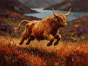 Schotse hooglander in warm beweging tussen de grassen, schilderij van schotse hooglander