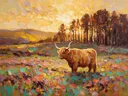 Schotse hooglander in warm het landschap tussen de bomen, schilderij van schotse hooglander