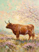 Schotse hooglander in warm pose bij bloesem, schilderij van schotse hooglander
