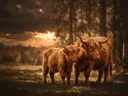 Schotse Hooglander met jong, een bosrand, een dreigende luchten met een sepia-gloed
