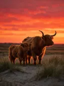 Schotse Hooglander met jong, de duinen, een silhouet tegen een vurige zonsondergang