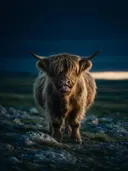 Schotse Hooglander met tong uit, een rotsachtig hoogland, de laatste gloed vlak voor de nacht