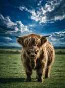 Schotse Hooglander met tong uit, een rustig weiland, een dramatische blauwe lucht