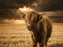 Schotse Hooglander met tong uit, een goudkleurig stoppelveld, een dreigende luchten met een sepia-gloed