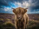 Schotse Hooglander met tong uit, een wilde heide, een fris moment na de regen