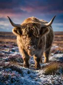 Schotse Hooglander nieuwsgierig, een wilde heide, een dun laagje sneeuw