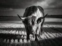 Schotse Hooglander nieuwsgierig, een goudkleurig stoppelveld, een enkele lichtbundel als een spotlicht, zwart-wit