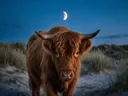 Schotse Hooglander nieuwsgierig, de duinen, het blauwe uur met een maansikkel