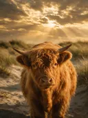 Schotse Hooglander nieuwsgierig, de duinen, lichtbundels door de wolken