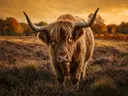 Schotse Hooglander nieuwsgierig, een wilde heide, volle herfstkleuren