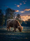 Schotse Hooglander op afstand, een bosrand, een blauw-oranje schemering