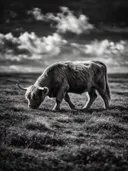 Schotse Hooglander op afstand, een wilde heide, een dramatische blauwe lucht, zwart-wit