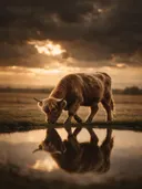 Schotse Hooglander op afstand, de oever, met een spiegeling in het water, een dreigende luchten met een sepia-gloed