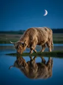 Schotse Hooglander op afstand, de oever, met een spiegeling in het water, het blauwe uur met een maansikkel