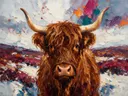 Schotse hooglander portret in diep de sneeuw, schilderij van schotse hooglander portret