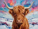 Schotse hooglander portret in donker de sneeuw, schilderij van schotse hooglander portret