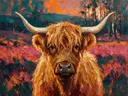 Schotse hooglander portret tussen de bomen in oranje, schilderij van schotse hooglander portret tussen de bomen, met het p...