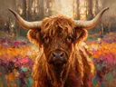 Schotse hooglander portret tussen de bomen, schilderij van schotse hooglander portret tussen de bomen, met het paletmes ge...