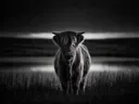 Schotse Hooglander recht in de lens, een weide bij het water, de laatste gloed vlak voor de nacht, zwart-wit