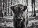 Schotse Hooglander recht in de lens, een bosrand, een fris lentemoment, zwart-wit