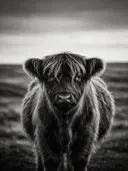 Schotse Hooglander recht in de lens, een wilde heide, een roze-paarse schemering, zwart-wit