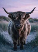 Schotse Hooglander recht in de lens, de duinen, een roze-paarse schemering