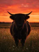 Schotse Hooglander recht in de lens, een bloemenweide, een silhouet tegen een vurige zonsondergang