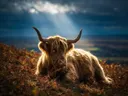 Schotse Hooglander rustend, een varenhelling, een enkele lichtbundel als een spotlicht