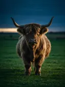 Schotse Hooglander van onderaf, een rustig weiland, de laatste gloed vlak voor de nacht