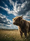 Schotse Hooglander van onderaf, een bloemenweide, een dramatische blauwe lucht