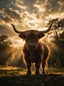 Schotse Hooglander van onderaf, een bosrand, lichtbundels door de wolken