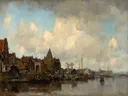 Schreierstoren van Jacob Maris: stad met toren, water, huizen en boten, in gedempt blauw en bruin