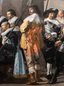 Schutters van wijk XI onder leiding van kapitein Reynier Reael, bekend als ‘De magere compagnie’ van Frans Hals: figuren met schutters, kragen, sjerpen en vaandel, in zwart met wit en blauw