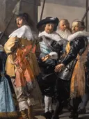 Schutters van wijk XI onder leiding van kapitein Reynier Reael, bekend als ‘De magere compagnie’ van Frans Hals: figuren met schutters, hoeden, kragen en lansen, in zwart met wit en blauw