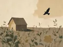 Schilderij van schuur in het veld in camel en ivoor, in vlakke kleurvlakken