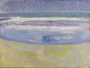 Sea toward sunset van Piet Mondrian: zee met zee, avond, strand en horizon, in zacht paars en geel