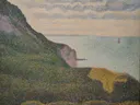 Seascape at Port-en-Bessin, Normandy van Georges Seurat: landschap met kliffen, kust, zee en gras, in groen en zacht blauw