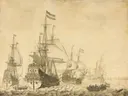 Seascape with the Dutch Men of War including the 'Drenthe' and the 'Prince Frederick Henry van Willem van de Velde: zee met zeilschepen, vloot, zee en vlaggen, in licht beige en grijs