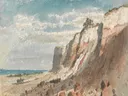 Seashore and Cliffs, with a Horse and Cart and a Beached Boat on Shore van James Ward: zee met kliffen, strand, zee en boot, in licht blauw en zandwit