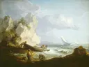 Seashore with Fishermen van Thomas Gainsborough: zee met strand, golven, vissers en boot, in gedempt blauwgrijs