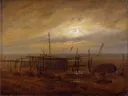 Seaside moonlight van Caspar David Friedrich: zee met maanlicht, kust, netten en boten, in warm bruin met grijs