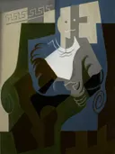 Seated Harlequin van Juan Gris: abstract met kubistisch, vlakken, geometrisch en figuur, in blauw groen en wit