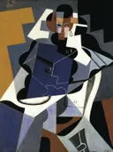Seated Woman van Juan Gris: portret met vrouw, zittend, kubisme en vlakken, in blauw, geel en zwart