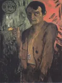 Selbstbildnis mit Pentagramm ca1924 van Otto Mueller: portret met man, zelfportret, sigaret en jas, in donker bruin met rood