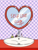 Illustratie van een badkamer met een hartvormige spiegel met de tekst Self Love Club.
