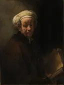 Self portrait as the Apostle Paul van Rembrandt van Rijn: portret met man, tulband, boek en oude man, in warm bruin