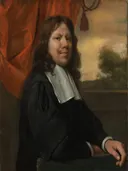 Self portrait van Jan Steen: portret met man, lang haar, rood gordijn en landschap achtergrond, in warm rood en bruin