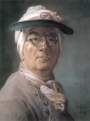 Self portrait wearing Glasses by van Jean-Baptiste-Siméon Chardin: portret met man, bril, hoofddoek en zonneklep, in grijs en roze