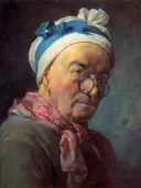 Self-portrait wearing Glasses van Jean-Baptiste-Siméon Chardin: portret met man, bril, hoofddoek en sjaal, in warm bruin met blauw en roze