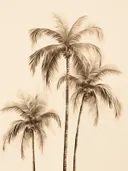 Drie palmbomen getekend in sepia bruintinten.